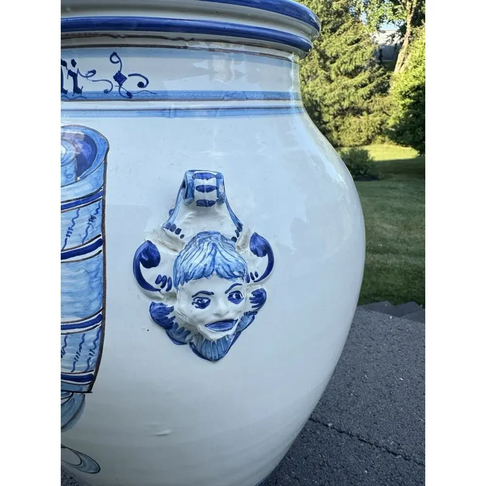 VTG Italian Majolica Blue & White Apothecary Jar Urn Unicorn Medicinali 18.5”